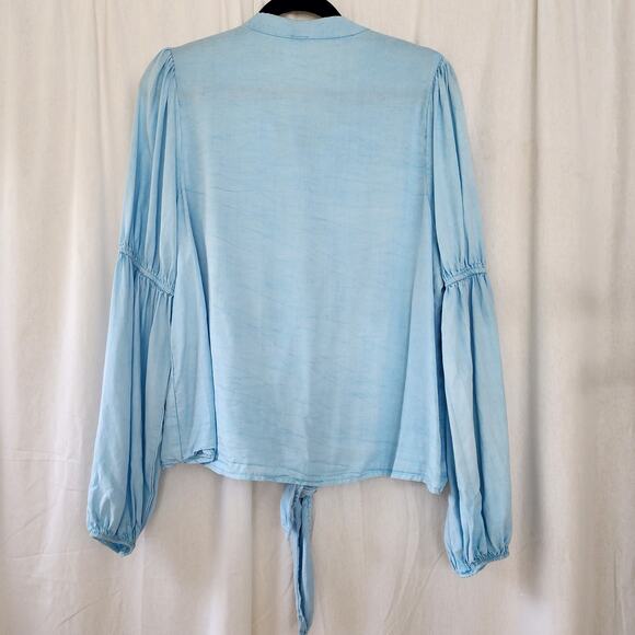 Anthropologie Amadi puff sleeve blouse L tencel Romantic Bohemian Blue Peasant - Picture 6 of 13